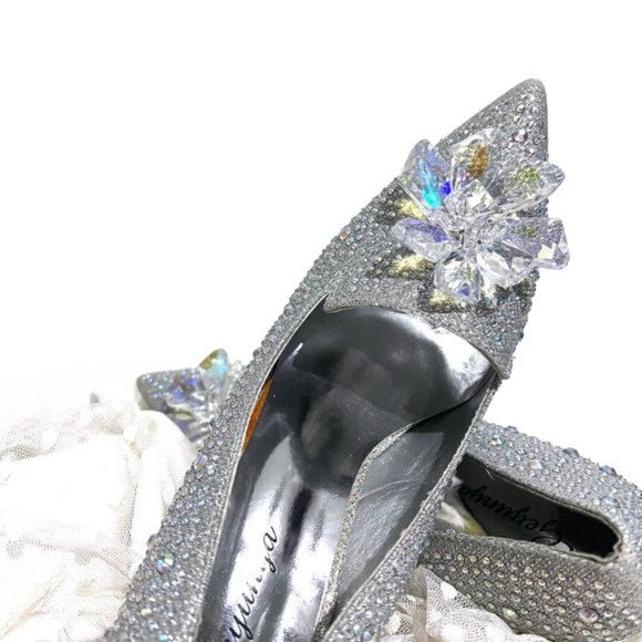 Geyunya Glitter Silver Sparkle Crystal Effect Cinderella Bridal Prom Heels - Picture 1 of 17